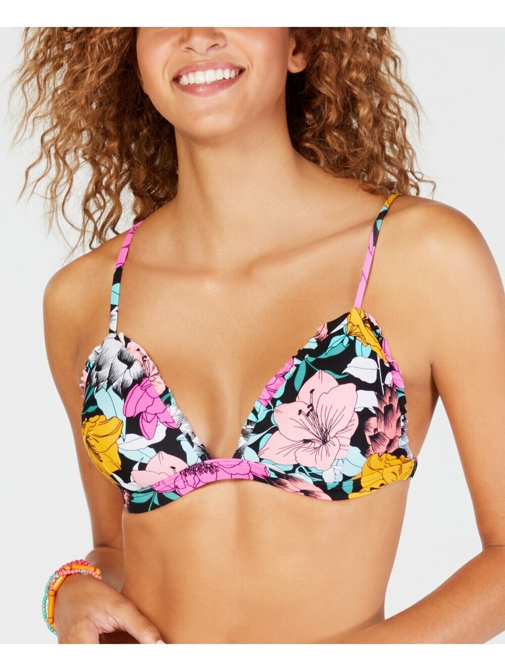 Hula Honey Womens Flowervescent Printed Ruffle Molded Push Up Bikini Top Size S